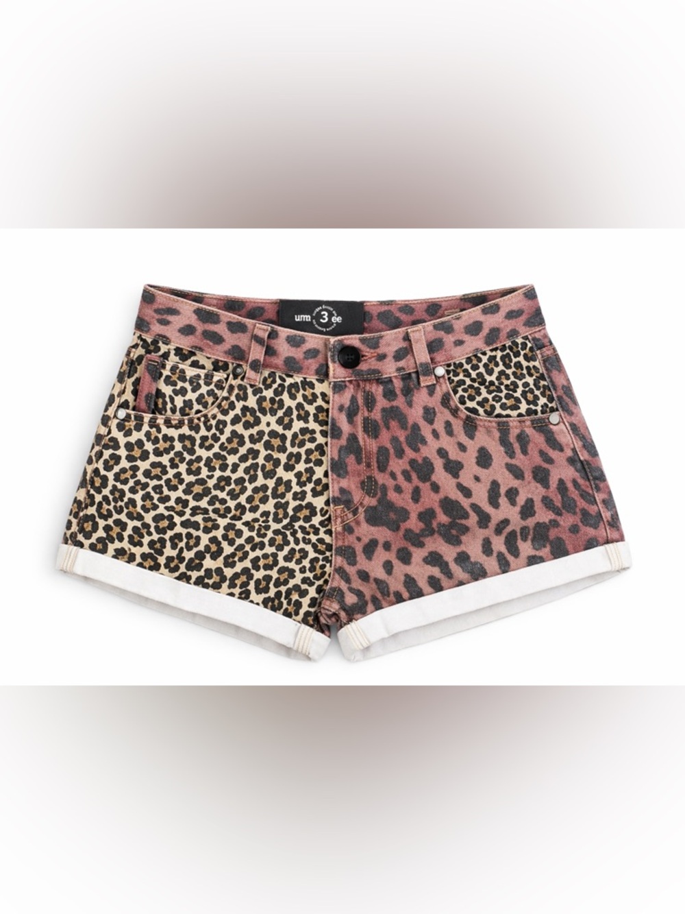🐆NWT Umgee Leopard Colorblock Denim Shorts Size 3 Rolled Hem Animal Print 🐆
